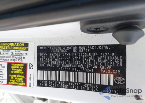 2018 Toyota Camry Se z USA, uszkodzony, nr VIN 4T1B11HK4JU159241